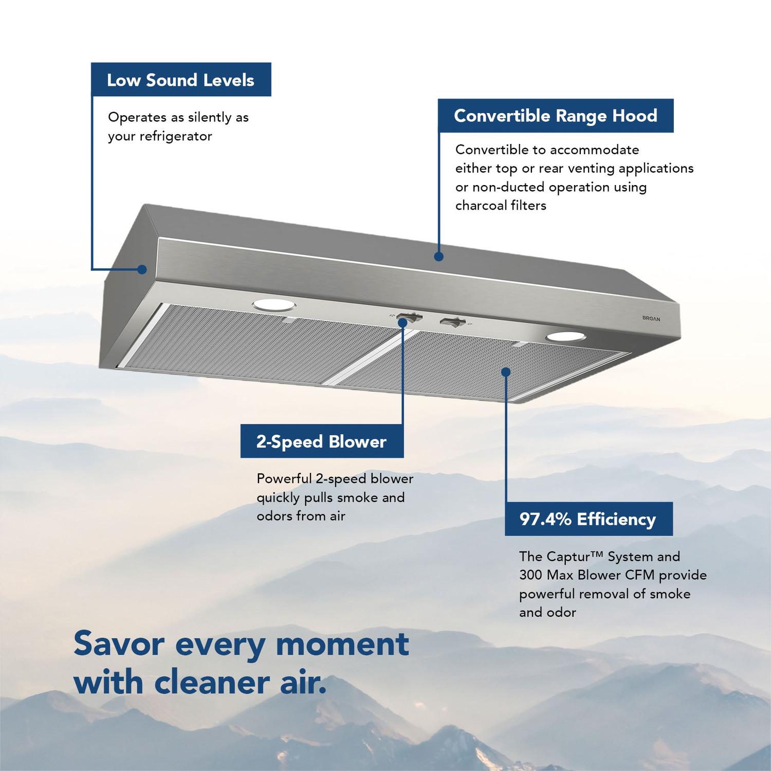 Broan BCSD136SS Glacier 36-Inch 300 Max Blower Cfm 5 Sones Stainless Steel Range Hood