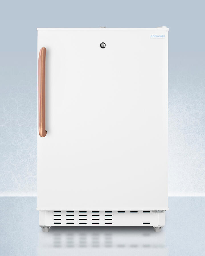 Summit ADA302RFZTBC Built-In Undercounter, Ada Compliant Refrigerator-Freezer In White, Designed For General Purpose Storage, With Pure Copper Towel Bar Handle, Manual Defrost With Glass Shelves, Front Lock, And Door Storage