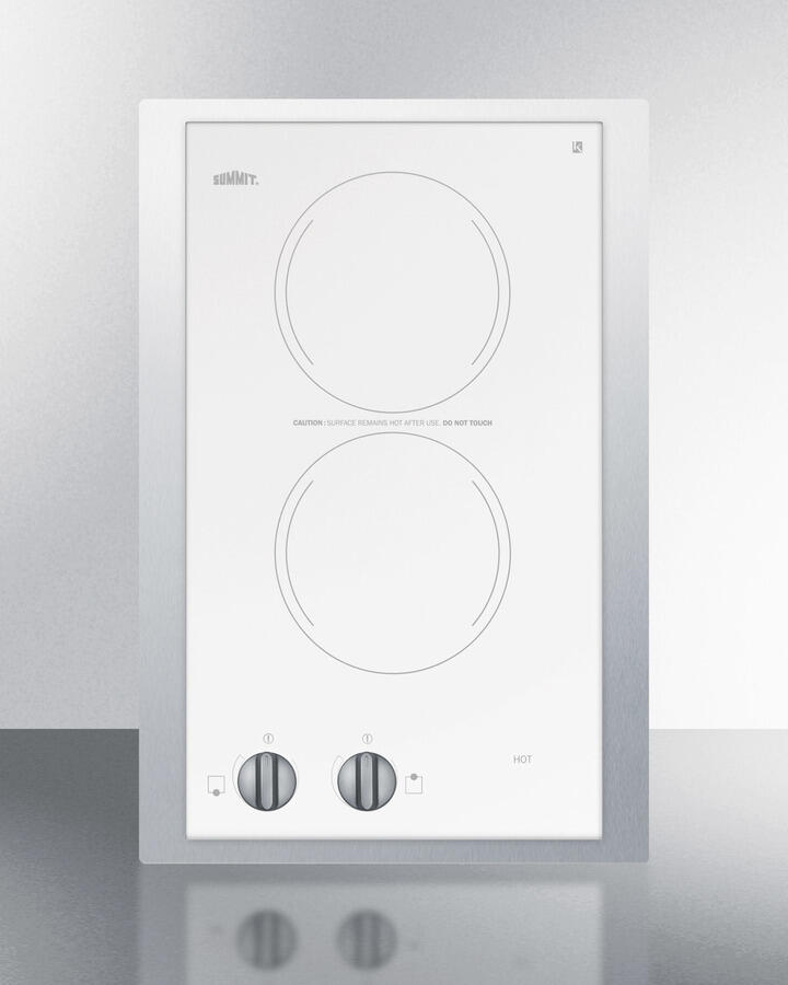 Summit CR2220WHTK15 230V European Two-Burner Radiant Cooktop In White Glass With Stainless Steel Frame To Allow Installation In 15" Wide Counter Cutouts