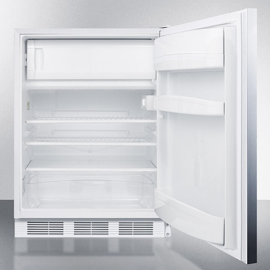 Summit CT661WSSHH Freestanding Counter Height Refrigerator-Freezer For Residential Use, Cycle Defrost With A Stainless Steel Wrapped Door, Towel Bar Handle, And White Cabinet