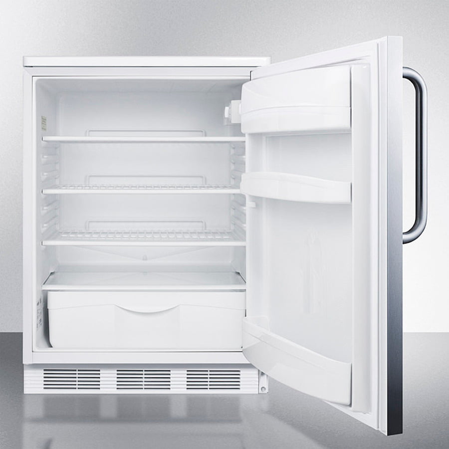 Summit FF6WSSTB Freestanding Counter Height All-Refrigerator For General Purpose Use, Auto Defrost W/Stainless Steel Wrapped Door, Towel Bar Handle, And White Cabinet