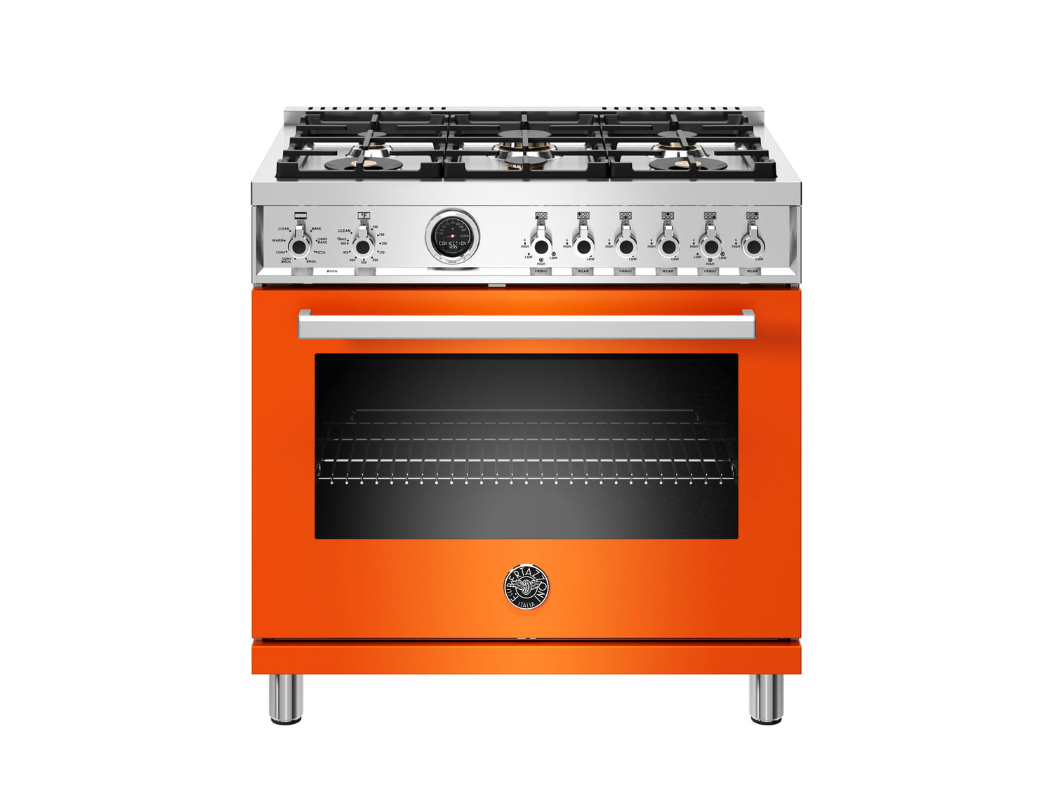 Bertazzoni PROF366DFSART 36 Inch Dual Fuel Range, 6 Brass Burner, Electric Self-Clean Orange