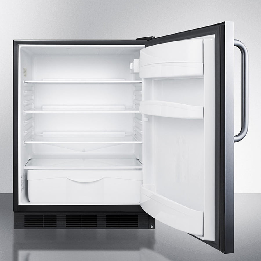 Summit FF6BKBI7SSTBADA Ada Compliant Commercial All-Refrigerator For Built-In General Purpose Use, Auto Defrost W/Stainless Steel Wrapped Door, Towel Bar Handle, And Black Cabinet