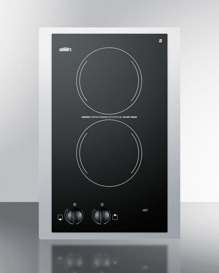 Summit CR2220TK15 230V European Two-Burner Radiant Cooktop In Black Glass With Stainless Steel Frame To Allow Installation In 15" Wide Counter Cutouts