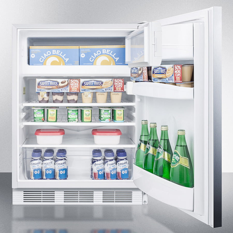 Summit CT661WSSHH Freestanding Counter Height Refrigerator-Freezer For Residential Use, Cycle Defrost With A Stainless Steel Wrapped Door, Towel Bar Handle, And White Cabinet
