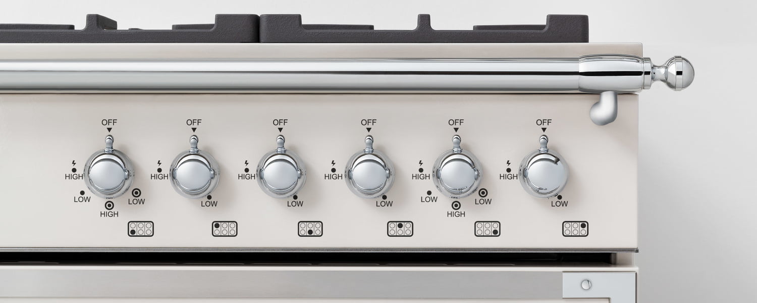 Bertazzoni HERT366DFSAVT 36 Inch Dual Fuel Range, 6 Brass Burner, Electric Self-Clean Off-White