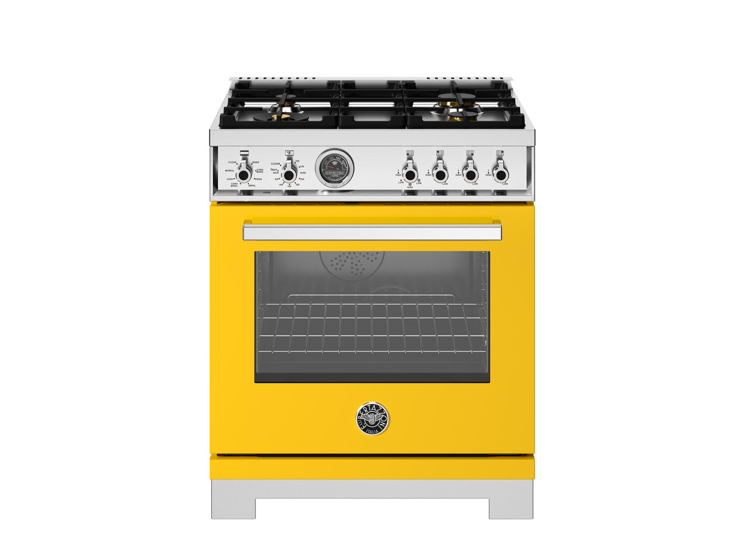 Bertazzoni PRO304BFEPGIT 30 Inch Dual Fuel Range, 4 Brass Burners, Electric Self-Clean Oven Giallo