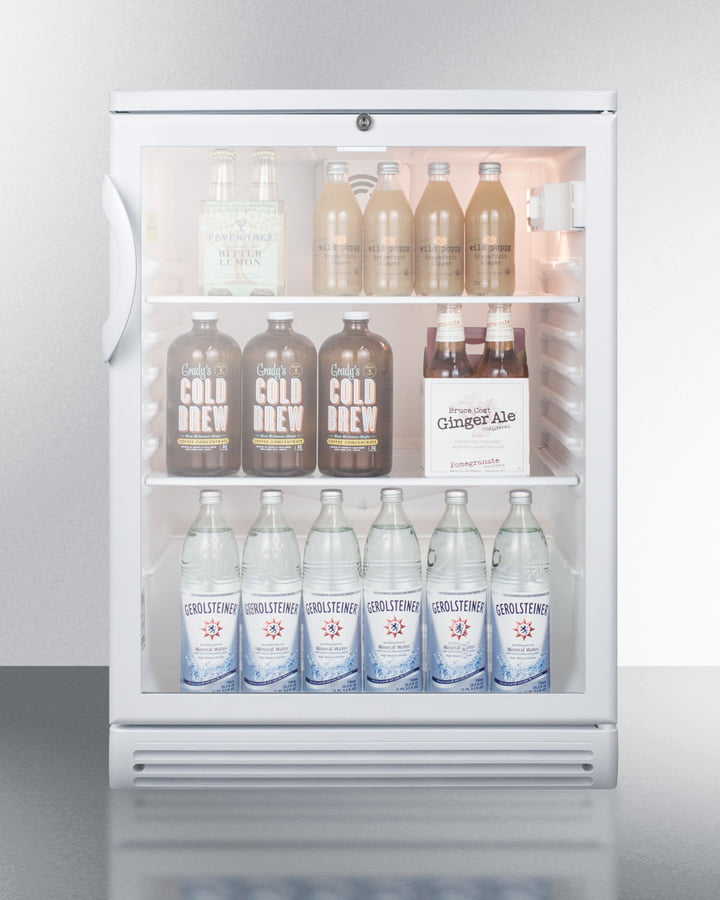 Summit SCR600GL Commercially Listed 5.5 Cu.Ft. Counter Height Beverage Center In A 24" Footprint, With White Cabinet, Glass Door, And Lock