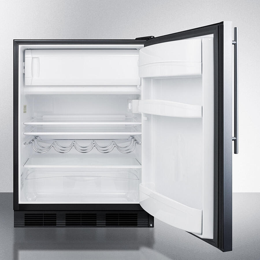 Summit CT663BKBISSHV Built-In Undercounter Refrigerator-Freezer For Residential Use, Cycle Defrost W/Deluxe Interior, Stainless Steel Wrapped Door, Thin Handle, And Black Cabinet