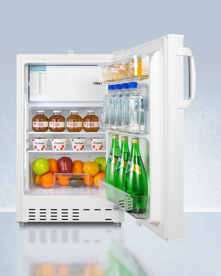 Summit ADA302RFZ Built-In Undercounter, Ada Compliant Refrigerator-Freezer In White, Designed For General Purpose Storage, Manual Defrost With Glass Shelves, Front Lock, And Door Storage