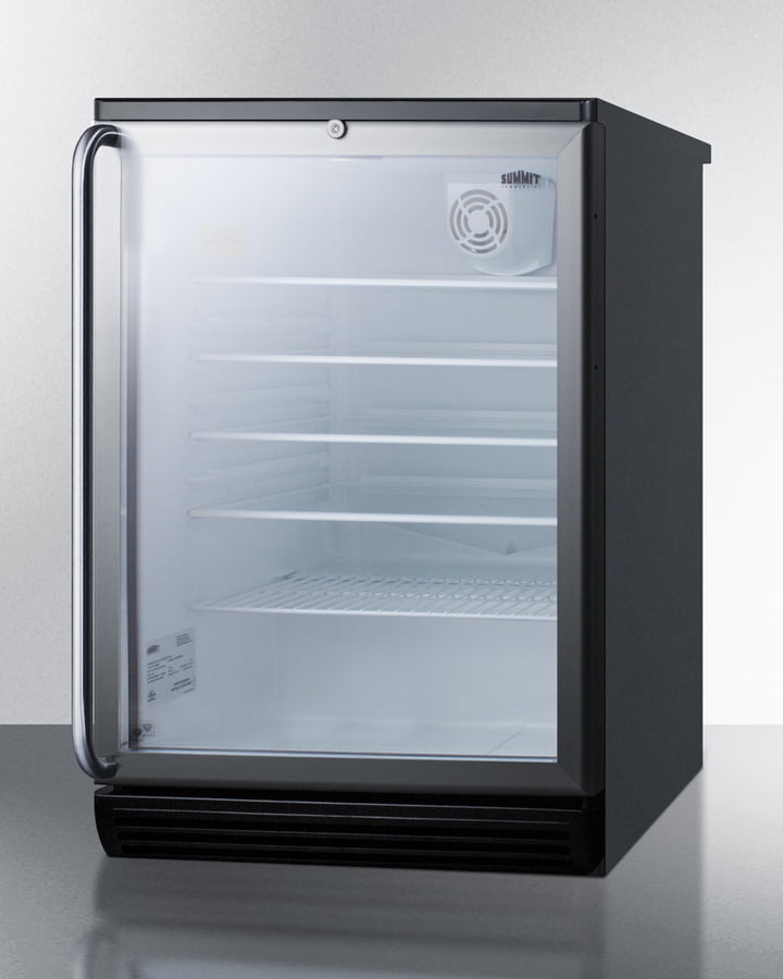 Summit SCR600BGLBISH Commercially Listed 5.5 Cu.Ft. Built-In Undercounter Beverage Center In A 24" Footprint, With Black Cabinet, Glass Door, Full-Length Towel Bar Handle, And Lock