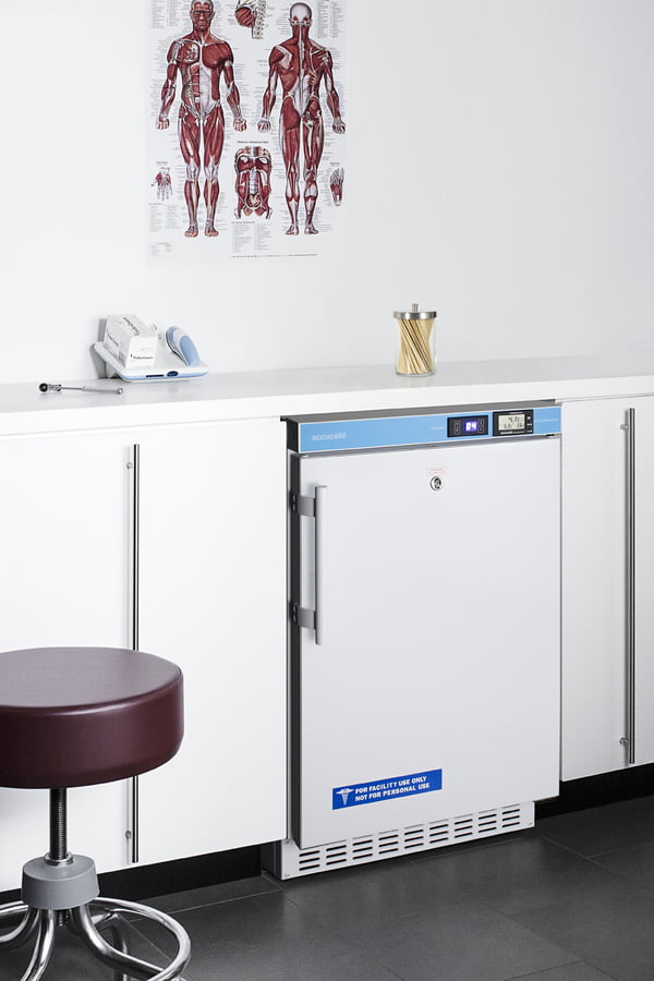 Summit ACR45L Pharmacy Series Ada Compliant 20" Wide Built-In Undercounter All-Refrigerator For Vaccine Storage, Frost-Free With An Internal Fan, External Digital Controls And Thermometer, And Lock