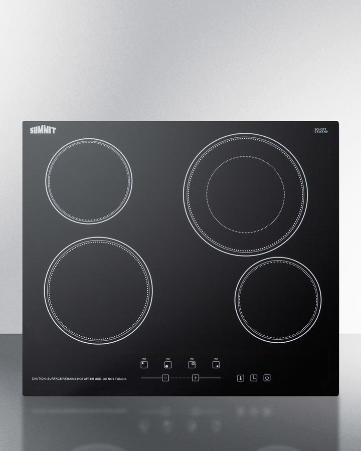 Summit CR4B23T5B 230V 4-Burner Cooktop In Black Ceramic Schott Glass With Digital Touch Controls And An Extra Large 8