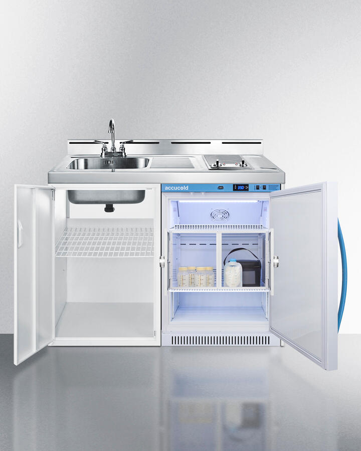 Summit C48ELMCLK 48" Wide All-In-One Kitchenette With A Smooth Glass Cooktop, Momcube Breast Milk Refrigerator With Interior Lockers, Sink With Faucet, And Storage Cabinet