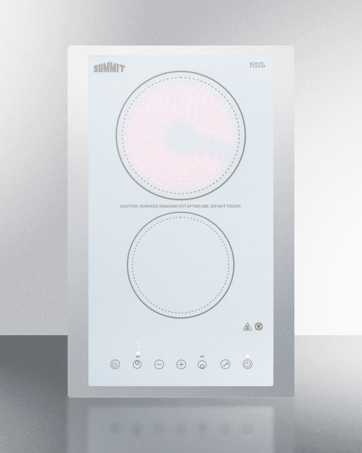 Summit CR2B23T4WTK15 230V 2-Burner Cooktop In White Ceramic Schott Glass With Digital Touch Controls And Stainless Steel Frame To Allow Installation In 15" Counter Cutouts, 3000W