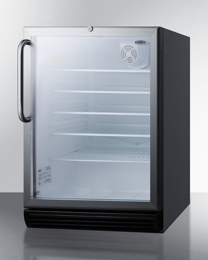 Summit SCR600BGLTBADA Commercially Listed Ada Compliant 5.5 Cu.Ft. Freestanding Beverage Center In A 24" Footprint, With Black Cabinet, Glass Door, Towel Bar Handle, And Lock