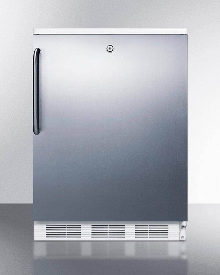 Summit FF6LWBI7SSTB Commercially Listed Built-In Undercounter All-Refrigerator For General Purpose Use, Auto Defrost W/Lock, Ss Wrapped Door, Towel Bar Handle, And White Cabinet