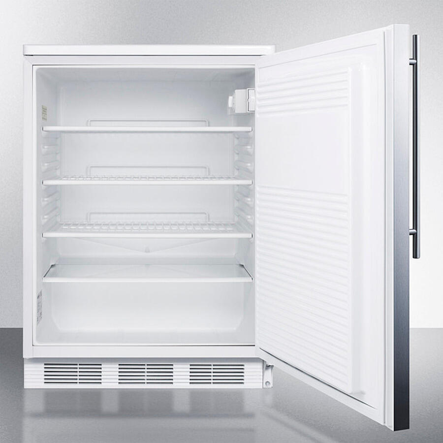 Summit FF7LWBISSHV Commercially Listed Built-In Undercounter All-Refrigerator For General Purpose Use, Auto Defrost W/Lock, Ss Door, Thin Handle, And White Cabinet